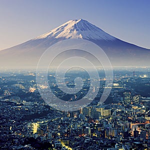 Mount Fuji. Fujiyama. Aerial view with cityspace surreal shot.