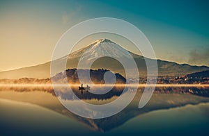 Mount fuji at Lake kawaguchiko,Sunrise , vintage photo