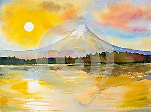 Mount Fuji, lake kawaguchiko in sunset.