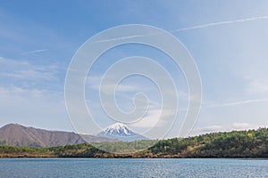 Mount Fuji from lake Saiko in spring