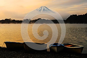 Mount Fuji from Lake Shoji at dawn