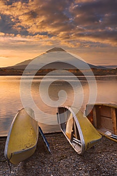 Mount Fuji and Lake Shoji in Japan at sunrise