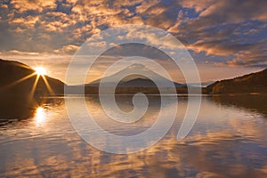 Mount Fuji and Lake Shoji in Japan at sunrise