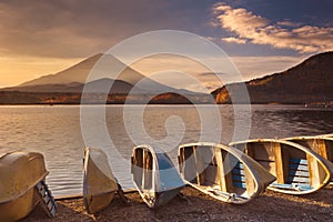 Mount Fuji and Lake Shoji in Japan at sunrise