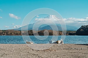 Mount Fuji at lake Shoji near Kawaguchiko, one of the Fuji Five Lakes located in Yamanashi, Japan. Landmark for tourists