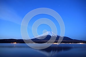 Mount Fuji and Lake Yamanaka at night.