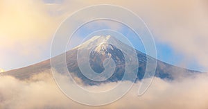 Mount Fuji in mist and clouds on morning at fujiyoshida, Yamanashi