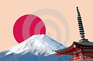 Mount Fuji Mt. Fuji and Chureito Pagoda with red rising sun background.