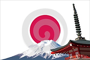 Mount Fuji Mt. Fuji and Chureito Pagoda with red rising sun background.