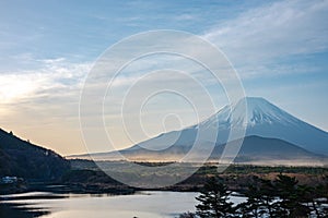 Mount Fuji or Mt. Fuji, the World Heritage, view in Lake Shoji ( Shojiko ). Fuji Five Lake region