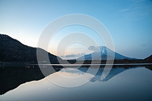 Mount Fuji or Mt. Fuji, the World Heritage, view at Lake Shoji Shojiko in the morning. photo