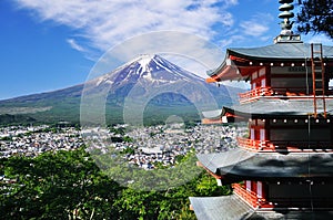 Mount Fuji and red pagoda photo