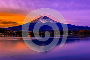 Mount Fuji reflected in Lake  at dawn, Japan