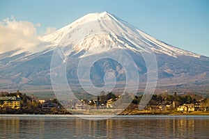 Mount fuji san at Lake kawaguchiko close up on top view with snow in Yamanashi Prefecture