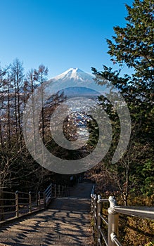 Mount Fuji scenic from staircase to Chureito temple.