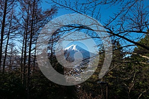 Mount Fuji scenic from staircase to Chureito temple.