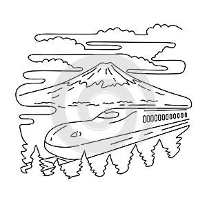 Mount Fuji and Shinkansen Bullet Train in Japan Mono Line Art