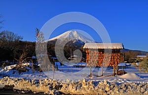 Mount Fuji snowy and blue sky from Oshino Village Japan