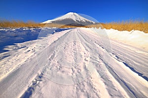 Mount Fuji on the snowy road of `Nashigahara` in Yamanashi Prefecture Japan photo