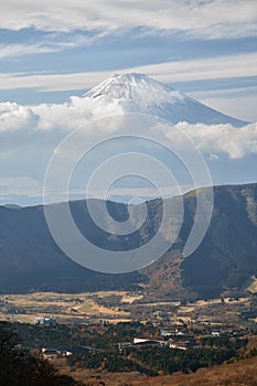 Mount Fuji summit in the clouds. Hakone area of Kanagawa Prefecture in Honshu. Japan