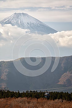 Mount Fuji summit in the clouds. Hakone area of Kanagawa Prefecture in Honshu. Japan