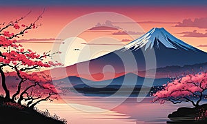 Mount Fuji at sunset, capturing majestic silhouette of mountain against vibrant, colorful sky as sun dips below horizon