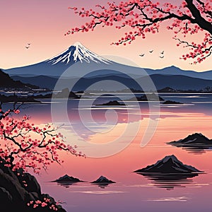 Mount Fuji at sunset, capturing majestic silhouette of mountain against vibrant, colorful sky as sun dips below horizon