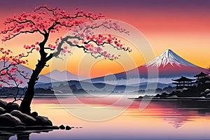 Mount Fuji at sunset, capturing majestic silhouette of mountain against vibrant, colorful sky as sun dips below horizon