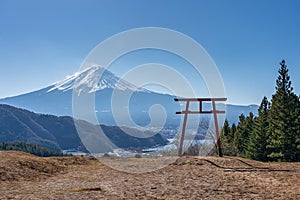 Mount Fuji with Torii gate of Asama Shrine in Kawaguchiko, Japan