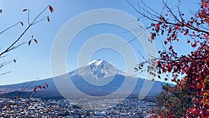 Mount Fuji, the view from the beautiful autumn leaves covered with snow at Lake Kawaguchiko, Yamanashi, Japan
