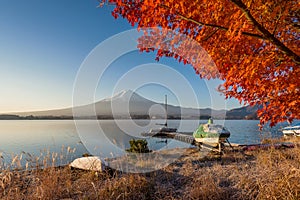 Mount Fuji view from lake Kawaguchiko in autumn color