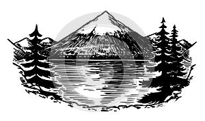 Mount Fuji. Volcano in Japan. Mountains peaks, vintage rock, old highlands range. Hand drawn vector outdoor sketch in
