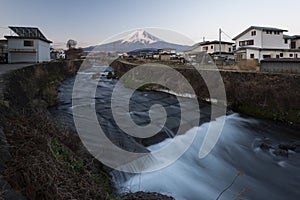 Mount Fuji and Water Stream in a small village, Japan