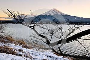 Mount Fuji in Winter Scene in February with Sunset