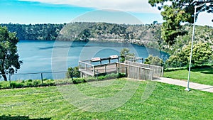 Mount Gambier, South Australia. Drone aerial view of beautiful Blue Lake in spring season photo