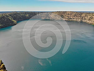 Mount Gambier, South Australia. Drone aerial view of beautiful Blue Lake in spring season