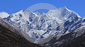 Mount Gangchenpo on a spring day. View from Mundu, Langtang National Park, Nepal.
