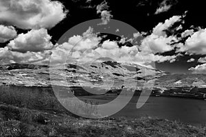 Mount Hermon and Volcano crater Birket Ram Rams pool north Israel