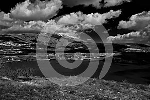 Mount Hermon and Volcano crater Birket Ram Rams pool north Israel