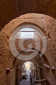 Mount Herodion and the ruins of the fortress of King Herod inside an artificial crater. The Judaean Desert, West Bank.