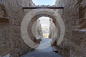 Mount Herodion and the ruins of the fortress of King Herod inside an artificial crater. The Judaean Desert, West Bank.