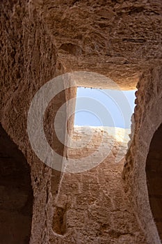 Mount Herodion and the ruins of the fortress of King Herod inside an artificial crater. The Judaean Desert, West Bank.