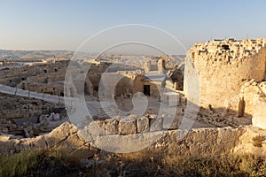 Mount Herodion and the ruins of the fortress of King Herod inside an artificial crater. The Judaean Desert, West Bank.