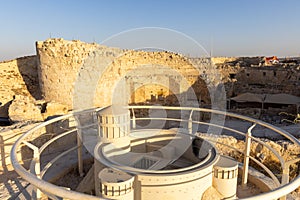 Mount Herodion and the ruins of the fortress of King Herod inside an artificial crater. The Judaean Desert, West Bank.