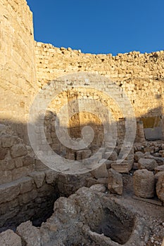 Mount Herodion and the ruins of the fortress of King Herod inside an artificial crater. The Judaean Desert, West Bank.