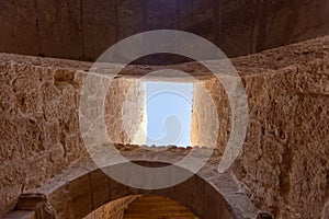 Mount Herodion and the ruins of the fortress of King Herod inside an artificial crater. The Judaean Desert, West Bank.