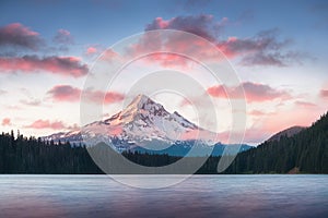 Mount Hood reflecting in Lost Lake at sunrise, in Mount Hood National Forest, Oregon