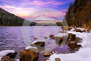 Mount Hood reflecting in Trillium Lake at sunset, National Forest, Oregon,USA