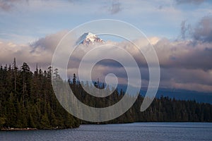 Mount Hood shrouded in low clouds at Lost Lake in Oregon