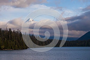 Mount Hood shrouded in low clouds at Lost Lake in Oregon
